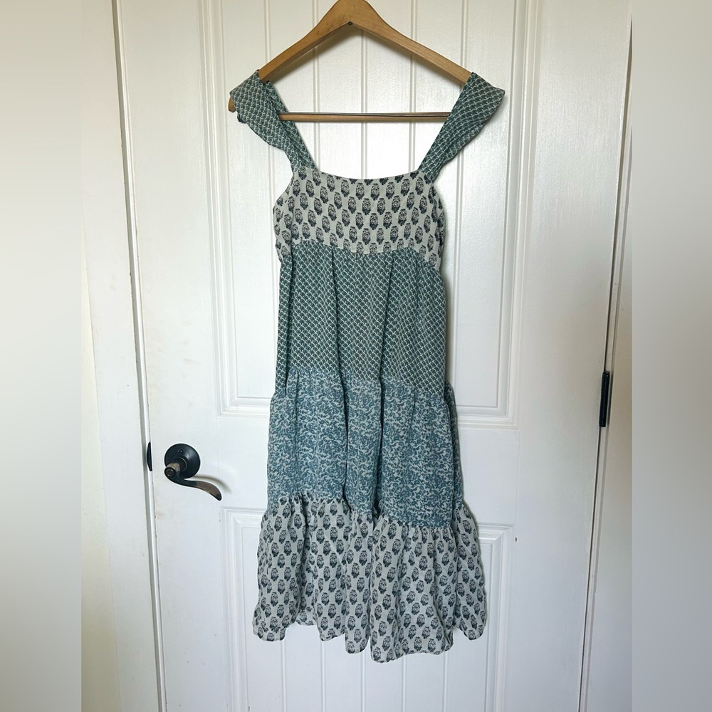 Whistles London Blue and White Patterned Tiered Flutter Sleeve Dress Boho